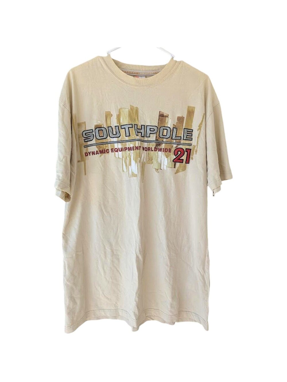 Southpole Mens L Vintage Y2K Dynamic Equipment Skyline T-Shirt Beige 23x31 Baggy